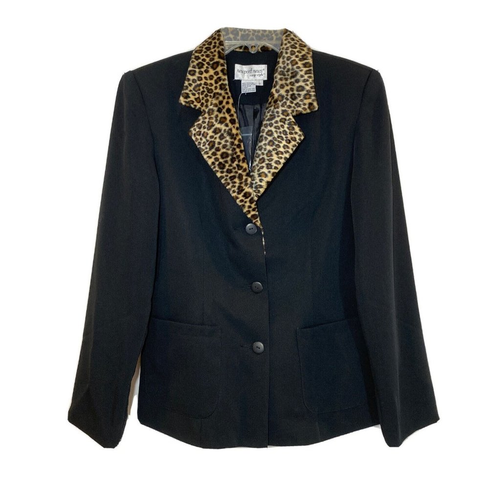 Newport News Womens Size 8 Blazer Jacket Black Leopard Trim Work Career